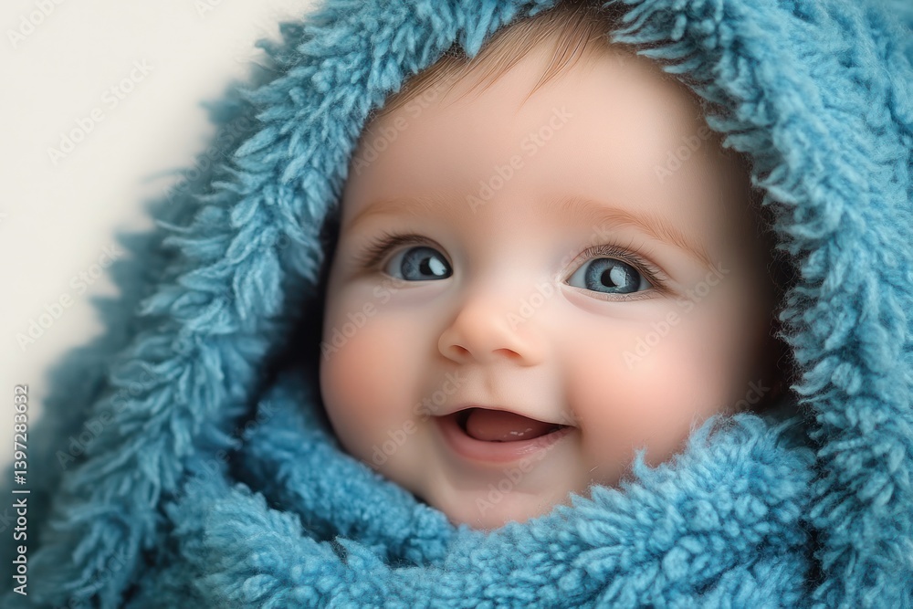 Joyful Baby Wrapped in Blue Blanket Happy Expression Closeup Portrait Joyful Baby Wrapped in Blue Blanket Happy Expression Closeup Portrait