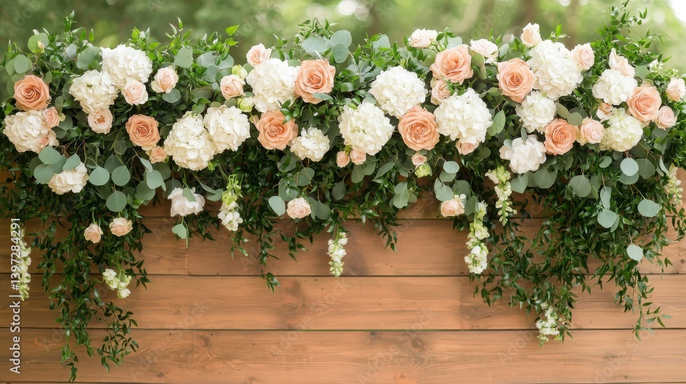 Fototapeta premium Vintage Floral Arch with Roses and Hydrangeas for Picturesque Event Decor