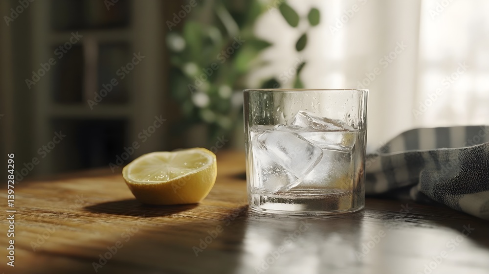 Fresh Drink with Ice and Lemon on Wooden Table in Natural Light Fresh Drink with Ice and Lemon on Wooden Table in Natural Light