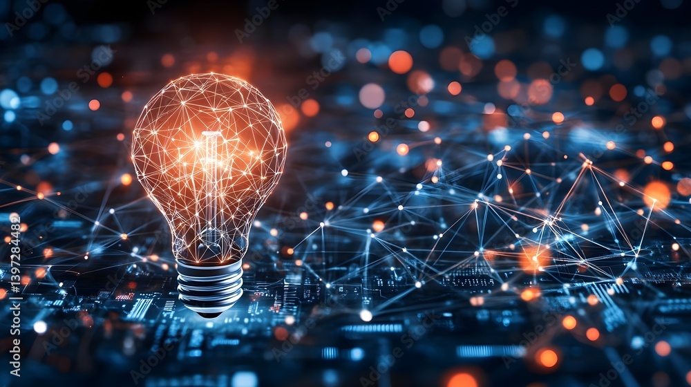 Obraz premium Bright Light Bulb Glowing with Network Connections on Dark Background