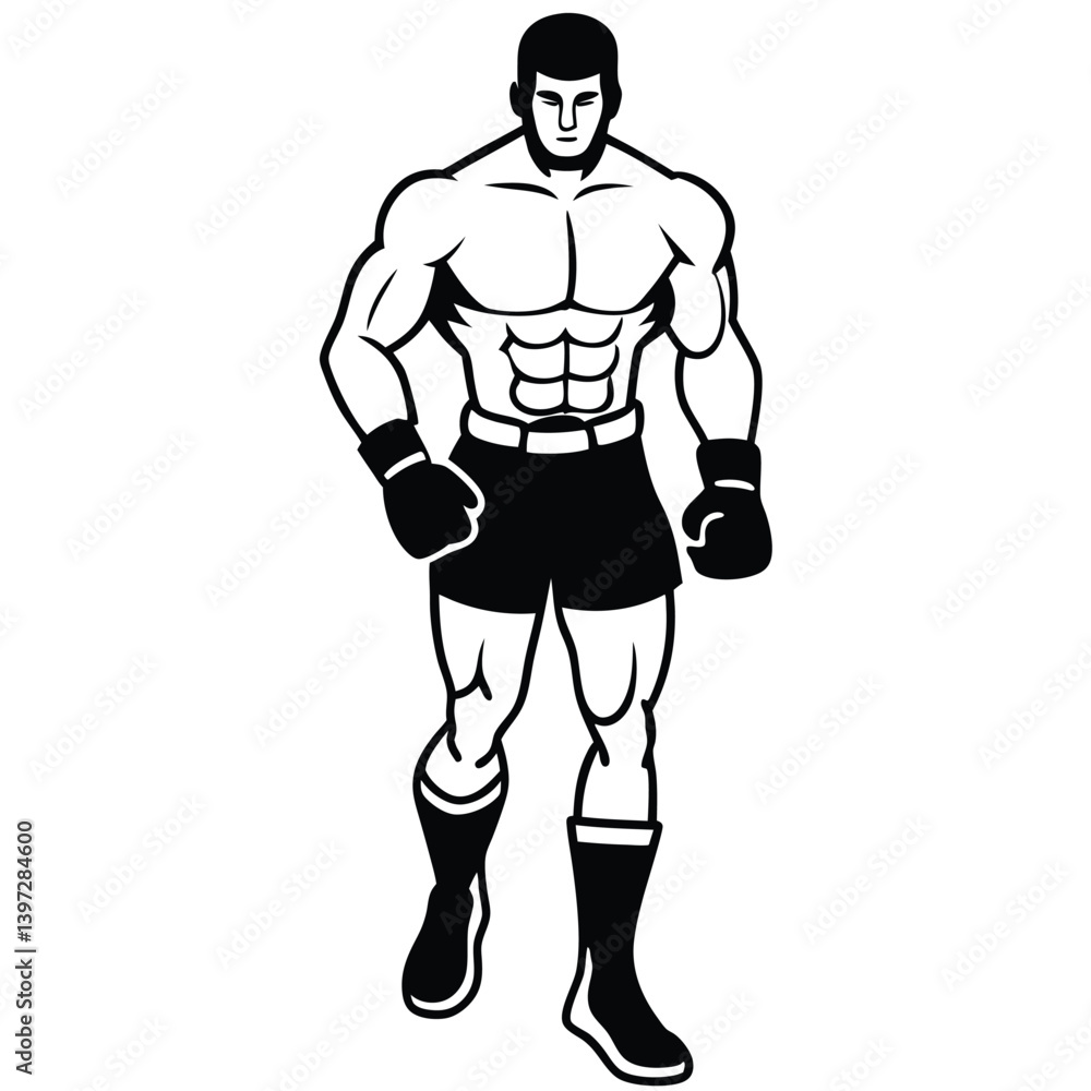 Victory Boxer Champion Vector, Muscular Fighter with Gloves Raised in Ring, Boxing Winner Clipart Design Victory Boxer Champion Vector, Muscular Fighter with Gloves Raised in Ring, Boxing Winner Clipart Design
