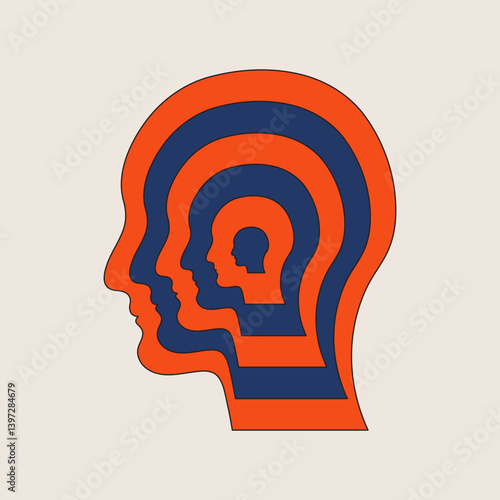 Nested Human Heads, Vector Illustration EPS 10, layered human head silhouettes,  psychology, identity, self-reflection, or levels of consciousness, mental health, philosophy, personal growth