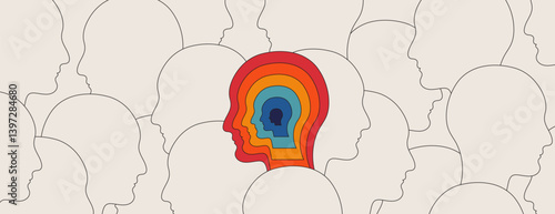 Colorful Mind in a Crowd – Conceptual Vector illustration of multiple outlined human heads in profile with one central head filled with layered colorful profiles, symbolizing individuality.