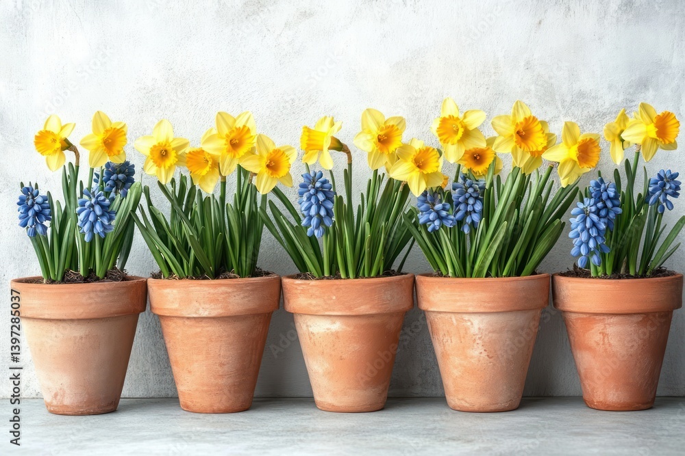 vibrant yellow daffodils and blue grape hyacinths in terracotta pots vibrant yellow daffodils and blue grape hyacinths in terracotta pots