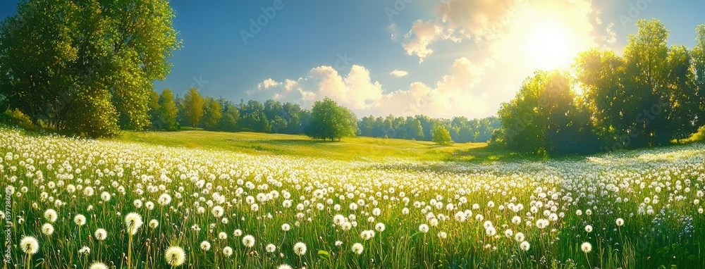 Fototapeta premium Lush Meadow of Dandelions Under Blue Sky