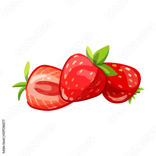 Hand drawn cartoon illustration of isolated red Fresh sweet strawberries composition for ice cream filling, dessert, Decorative icon collection, cut summer fruit for smoothie ingredients, juice