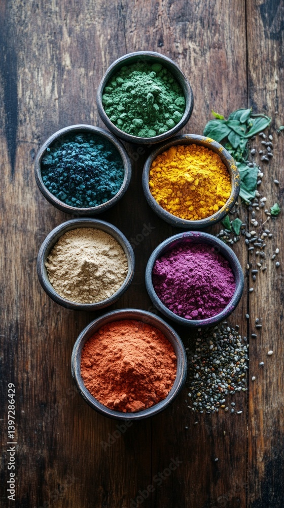 Abstract still life with colorful spices on a wooden surface, creating a bright background. Suitable for packaging design, advertising of natural products.