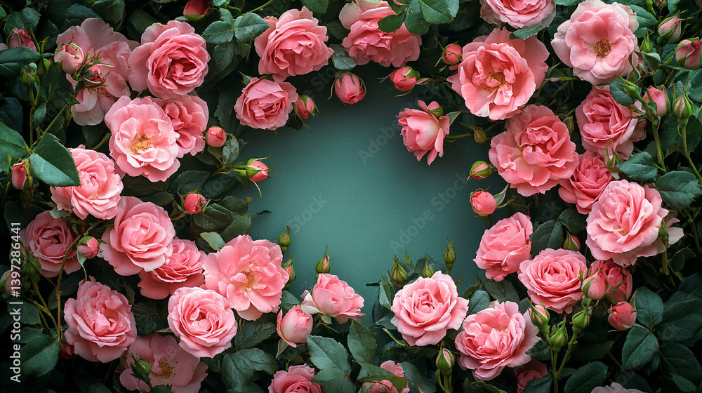 Pink roses create a floral frame around a serene backdrop Pink roses create a floral frame around a serene backdrop