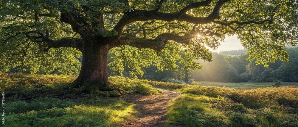 Majestic tree with a lush crown on the background of sunset in the forest. Ideal for ecological projects, natural landscapes.