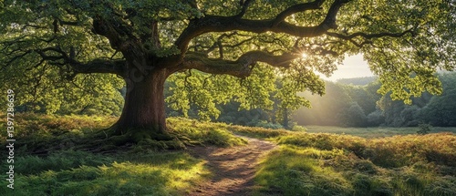 Obraz na płótnie Majestic tree with a lush crown on the background of sunset in the forest. Ideal for ecological projects, natural landscapes. w salonie