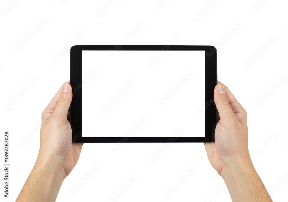 Two hands holding a tablet with a blank white screen isolated on a plain white background design Two hands holding a tablet with a blank white screen isolated on a plain white background design
