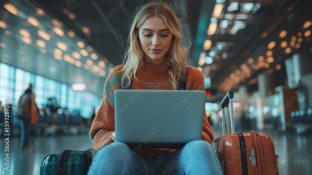 A young woman with a laptop at the airport, waiting for a flight. Travel, work on the road, modern technology. Suitable for travel blogs, advertising gadgets.