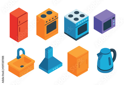 Isometric kitchen appliance icons set: fridge, oven, stove, microwave, sink, hood, cabinet, kettle