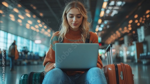 Obraz na płótnie A young woman with a laptop at the airport, waiting for a flight. Travel, work on the road, modern technology. Suitable for travel blogs, advertising gadgets. w salonie