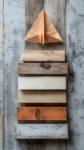 Obraz na płótnie Abstract background with wooden boards of different colors and paper ship. Wood texture, minimalism, creativity. Suitable for website design, background images. w salonie
