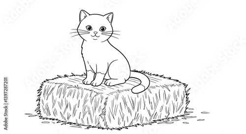 Printable outline of a domestic cat lounging casually atop a stack of hay perfect for coloring fun