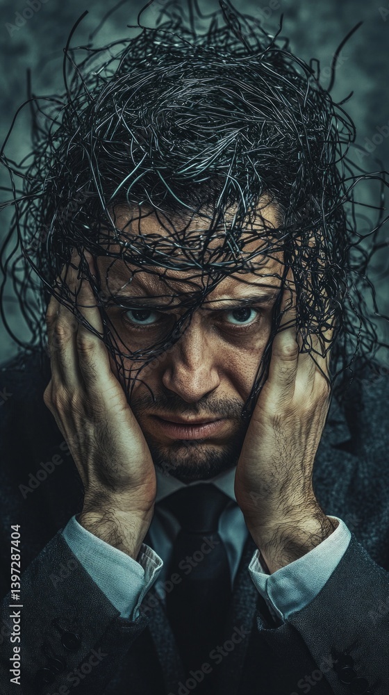 A man with disheveled hair holds his head with his hands, with threads scattered chaotically around him. Suitable for depicting stress, anxiety, chaos.