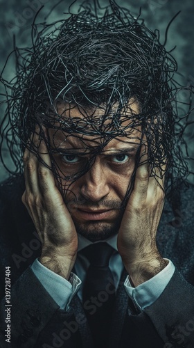 Obraz na płótnie A man with disheveled hair holds his head with his hands, with threads scattered chaotically around him. Suitable for depicting stress, anxiety, chaos. w salonie
