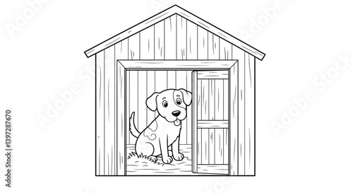 Coloring page scene featuring a friendly dog character sitting patiently inside a rustic wooden barn setting