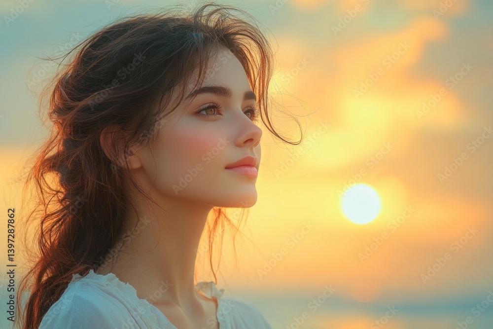 woman enjoying serene sunset at beach with gentle waves in winter woman enjoying serene sunset at beach with gentle waves in winter