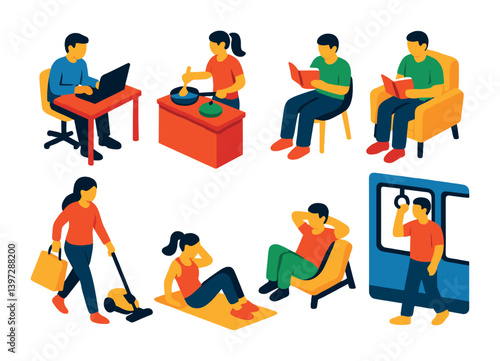 Daily activities icon set in 3d isometric style: work, exercise, commute, and more