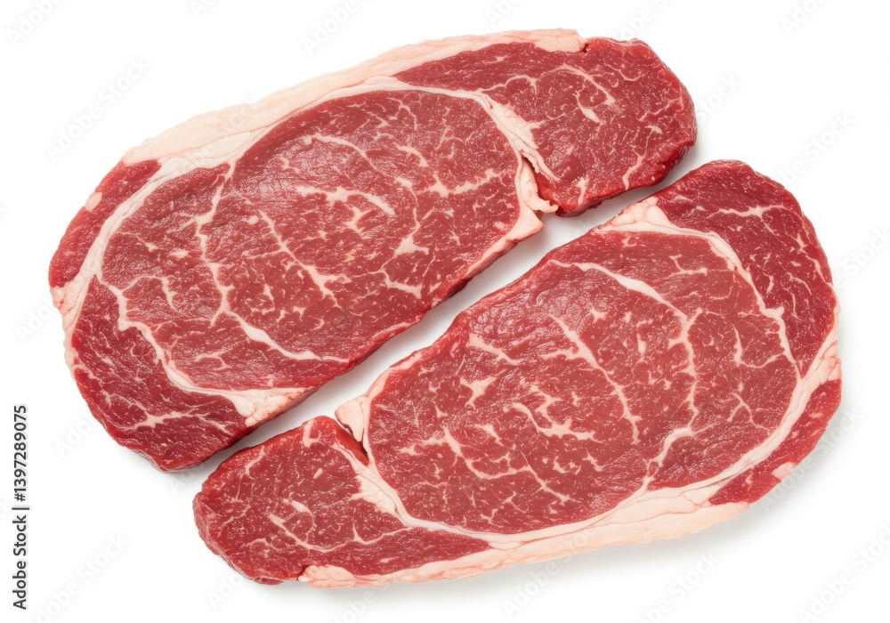Two raw marbled ribeye steaks on white background ready for cooking and culinary preparation Two raw marbled ribeye steaks on white background ready for cooking and culinary preparation