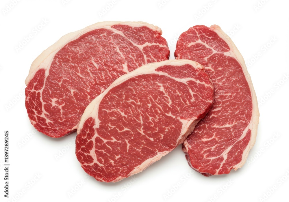 Three raw ribeye steak cuts with marbled texture isolated neatly on a bright white background surface Three raw ribeye steak cuts with marbled texture isolated neatly on a bright white background surface