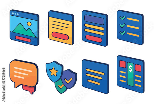 3d isometric icons set: web design elements for interface and security