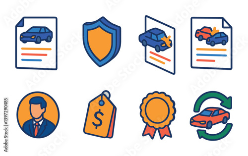 Car insurance icons set - 8 linear designs representing coverage, claims, and policies