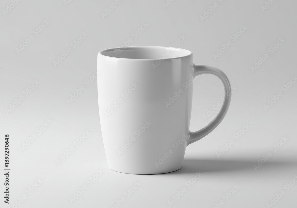 Plain white ceramic mug on a light gray background with handle visible on the right side view Plain white ceramic mug on a light gray background with handle visible on the right side view