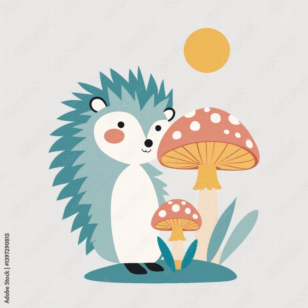 Cute hedgehog standing by colorful mushrooms in a sunny meadow Cute hedgehog standing by colorful mushrooms in a sunny meadow