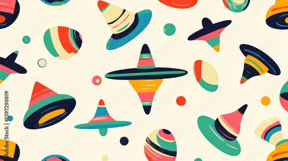 Naklejka premium A playful pattern of colorful spinning tops and decorative shapes.