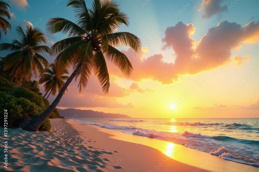 Fototapeta premium Palm trees sway gently in the warm ocean breeze on a serene sandy beach at sunset , film grain, , sand