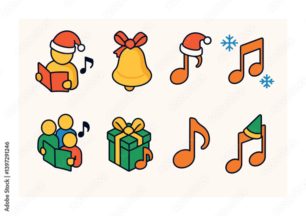 Obraz premium Festive christmas caroling icons set: holiday music and celebration symbols in vibrant style