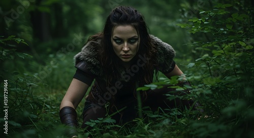 Crouching Viking Shieldmaiden in a Lush Forest