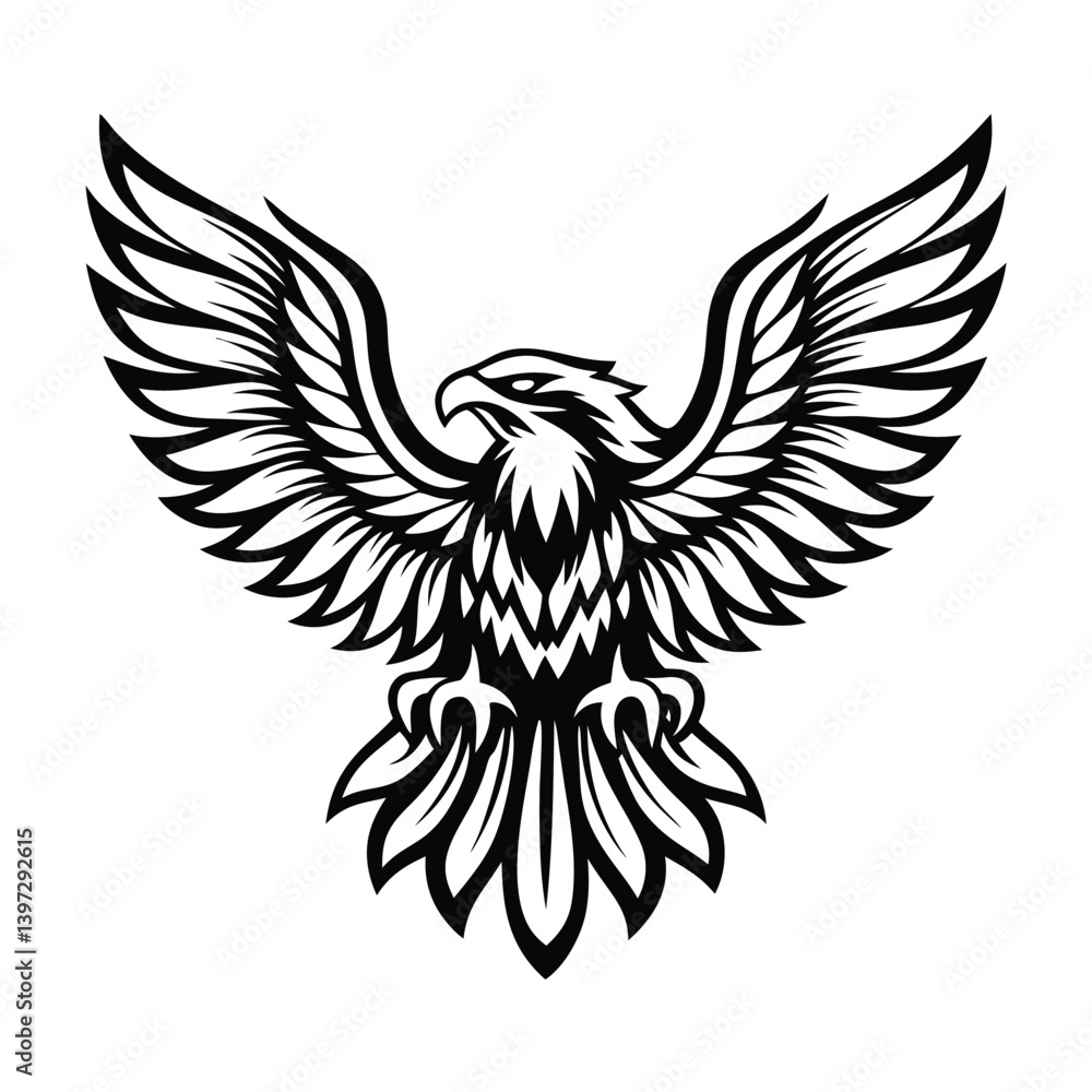 Fototapeta premium Majestic Eagle Spreading Wings, Black and White Stylized Bird of Prey
