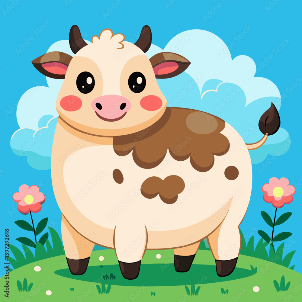 Unique vector composition with a cow surrounded by lush grass and wild flora
Unique vector composition with a cow surrounded by lush grass and wild flora