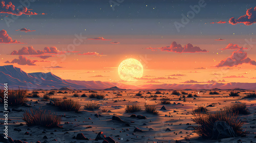 Vibrant Pixel Art Depicting a Desert Landscape at Sunset Under a Cloudy Sky with Warm Tones and Pixelated Texture