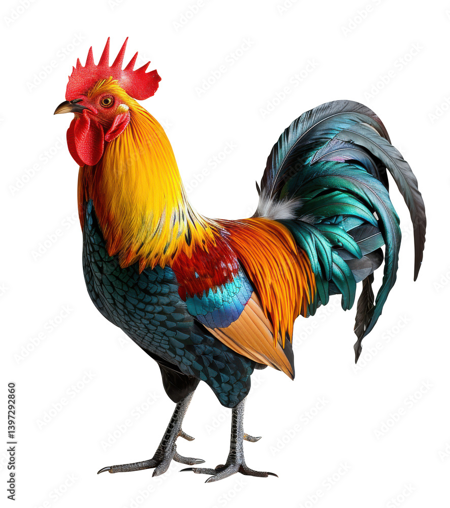 Fototapeta premium Colorful rooster standing proud on white background