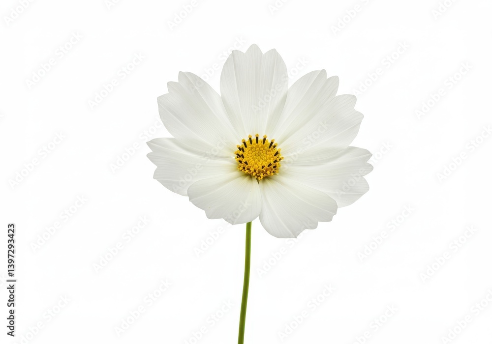 Closeup of a beautiful white cosmos flower with a yellow center on a plain white background scene Closeup of a beautiful white cosmos flower with a yellow center on a plain white background scene