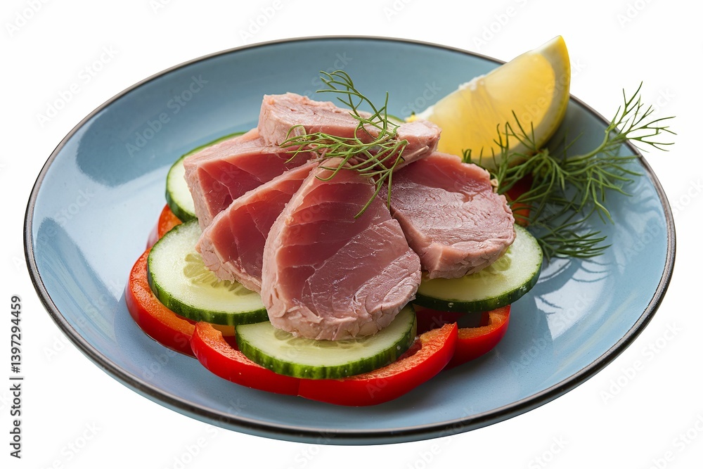 A cold appetizer plate with tuna medallions A cold appetizer plate with tuna medallions