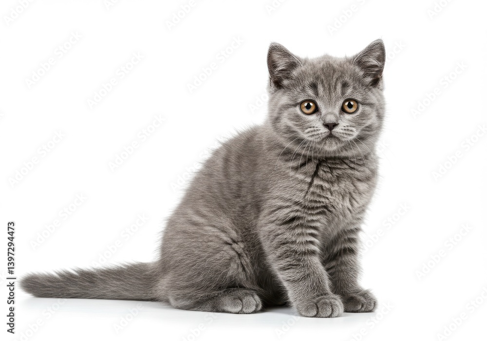 Obraz premium Gray kitten with striking orange eyes sitting on a white background looking curiously at camera