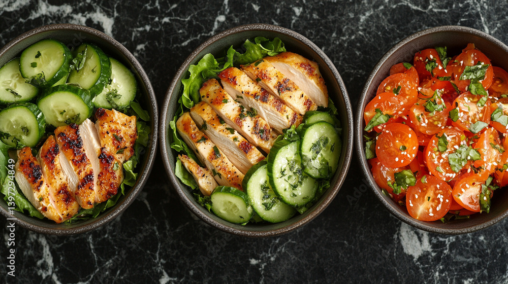 Grilled chicken and fresh vegetables in three bowls Grilled chicken and fresh vegetables in three bowls