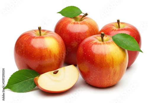 Fresh red apples with green leaves and a half slice on a white background for healthy eating