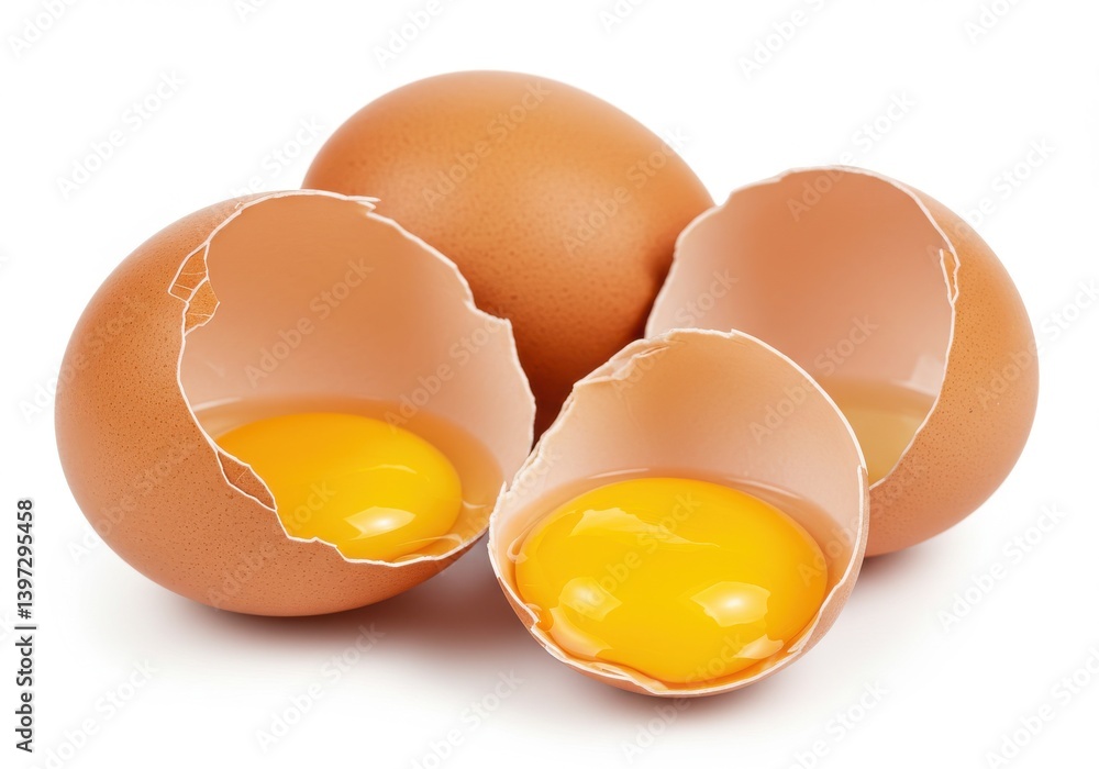 Closeup view of two cracked brown eggs revealing fresh yellow yolks isolated on a white background Closeup view of two cracked brown eggs revealing fresh yellow yolks isolated on a white background