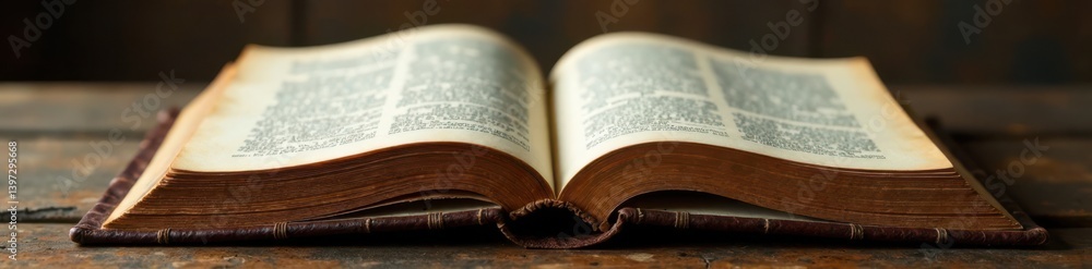 Obraz premium Old leather-bound book with dust cover and worn-out pages, dusty, vintage
