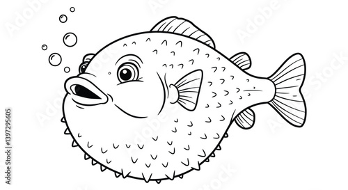 Comical Pufferfish Inflated with Surprised Look Surrounded by Floating Bubbles Underwater Cartoon Fish
