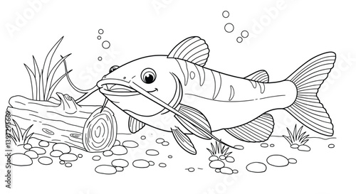 Cheerful Catfish with Long Whiskers Rests Beside Log on Riverbed Amidst Pebbles and Aquatic Plants Scene