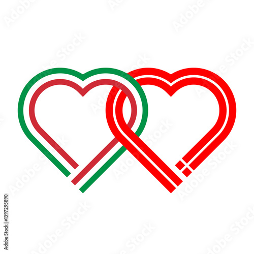 heart shaped ribbon of italy and danish flags intertwined. vector illustration isolated on white background