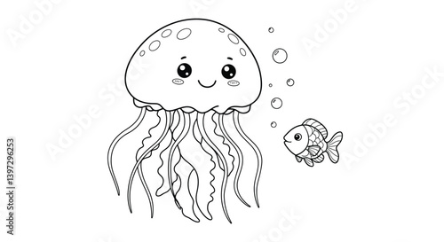 Friendly Jellyfish Character with Happy Expression Hovers by Inquisitive Little Fish amidst Bubbles Art
